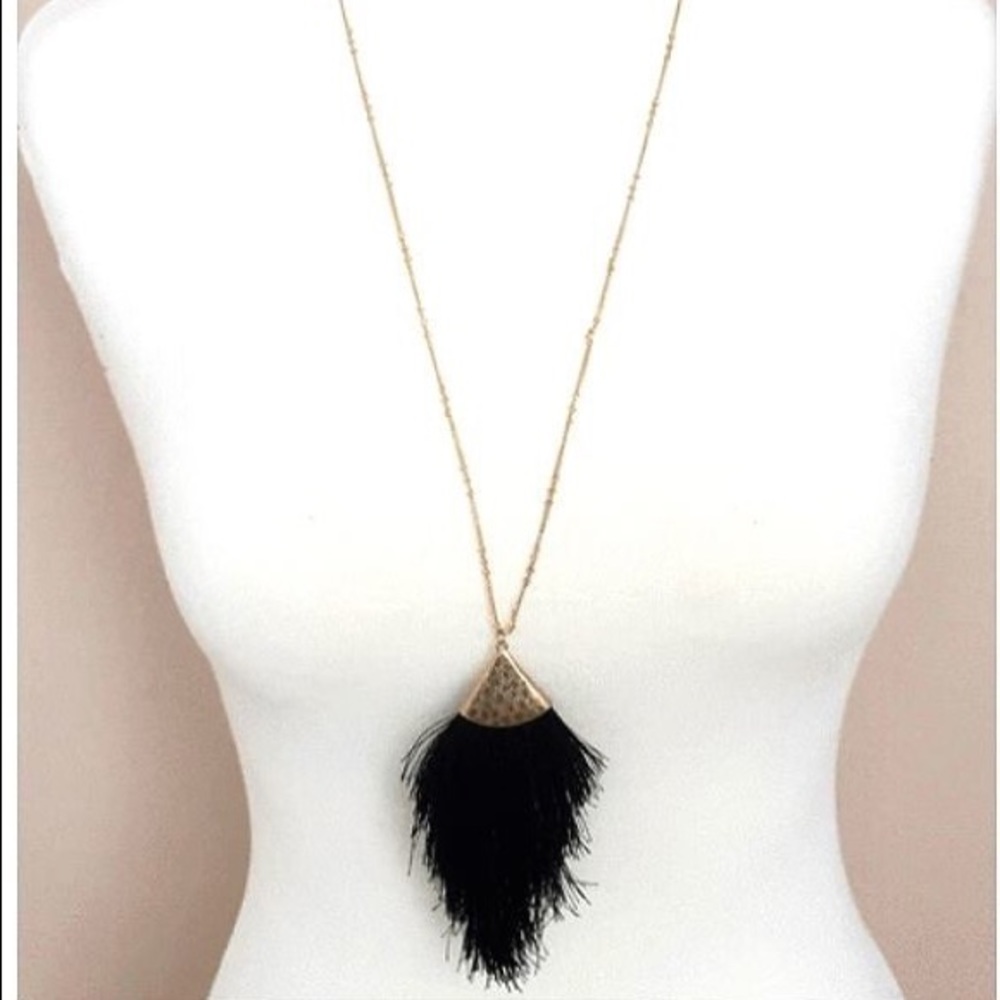 Feathered Long Necklace-Black Gold